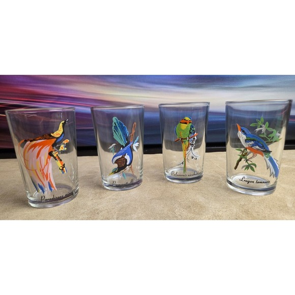 Crystal Emporium Other - Set of 4 Juice Glasses, Tumblers, Exotic Tropical Birds, Vintage, 1960's